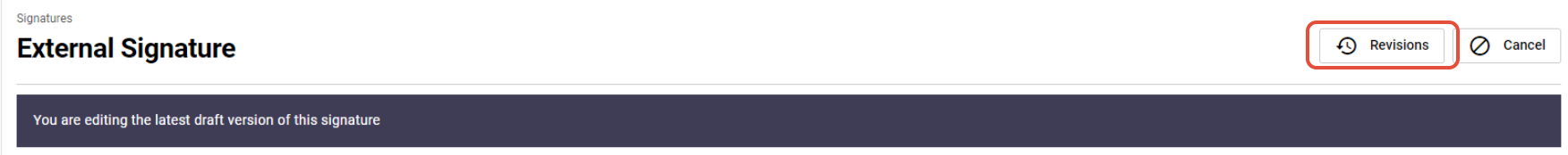 Signature 365 template editor showing the Revisions button in the top right