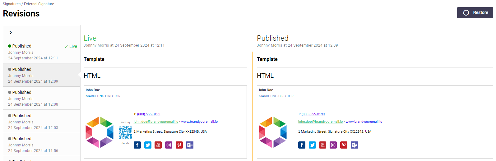 Signature 365 revision comparison view showing differences between versions with Restore button