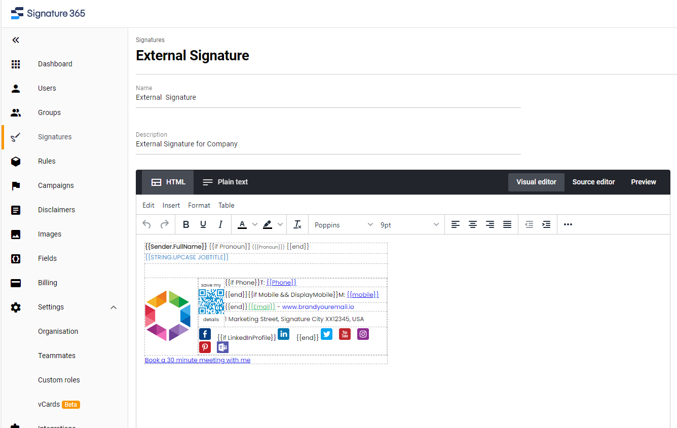 Signature 365 template editor showing the Source editor tab selected