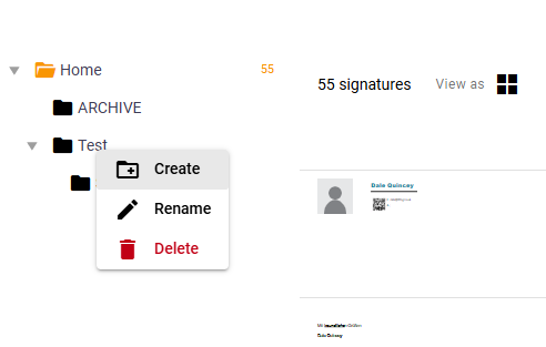 Signature 365 folder right-click context menu showing create subfolder, rename, and delete options