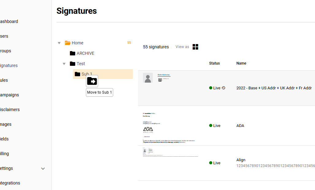 Signature 365 template being dragged to a different folder