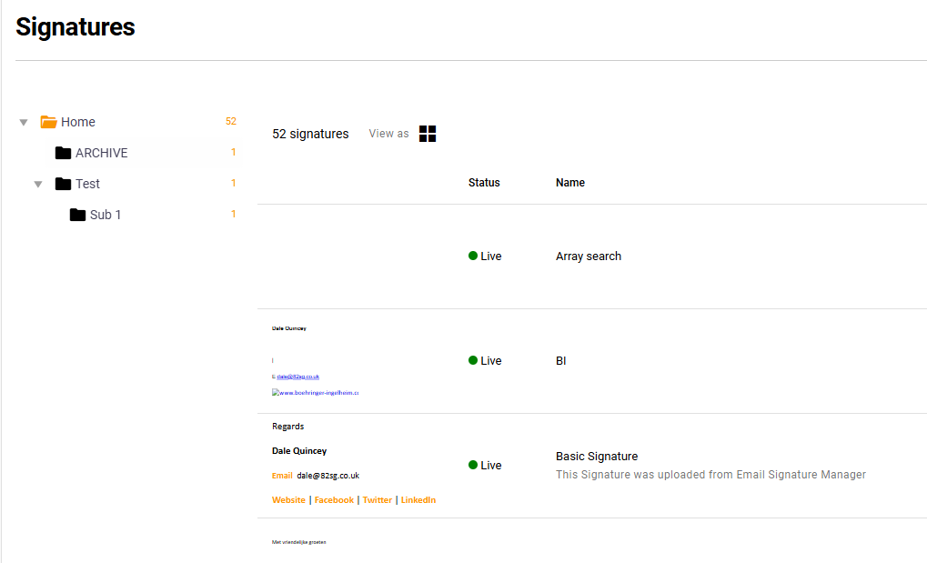 Signature 365 folder structure panel showing Home folder and subfolders with signature counts