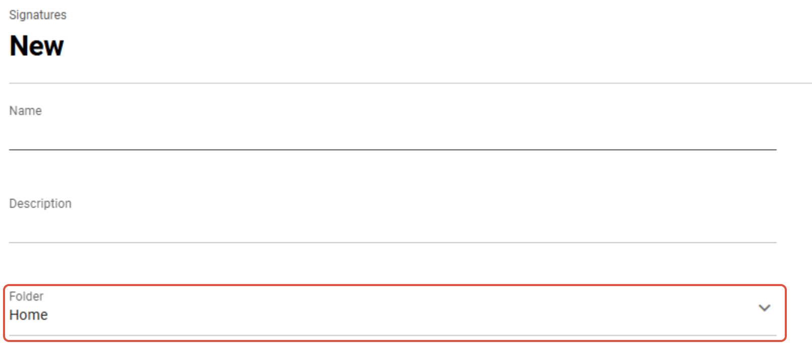 Signature 365 new template form showing folder selection dropdown