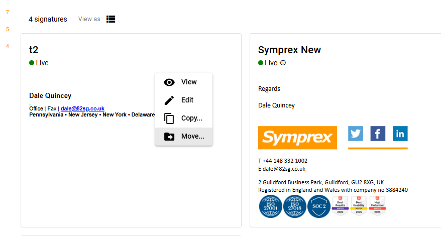 Signature 365 template right-click context menu in grid mode showing Move option