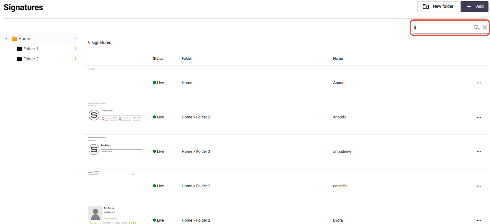 Signature 365 showing template search results with thumbnails and folder locations