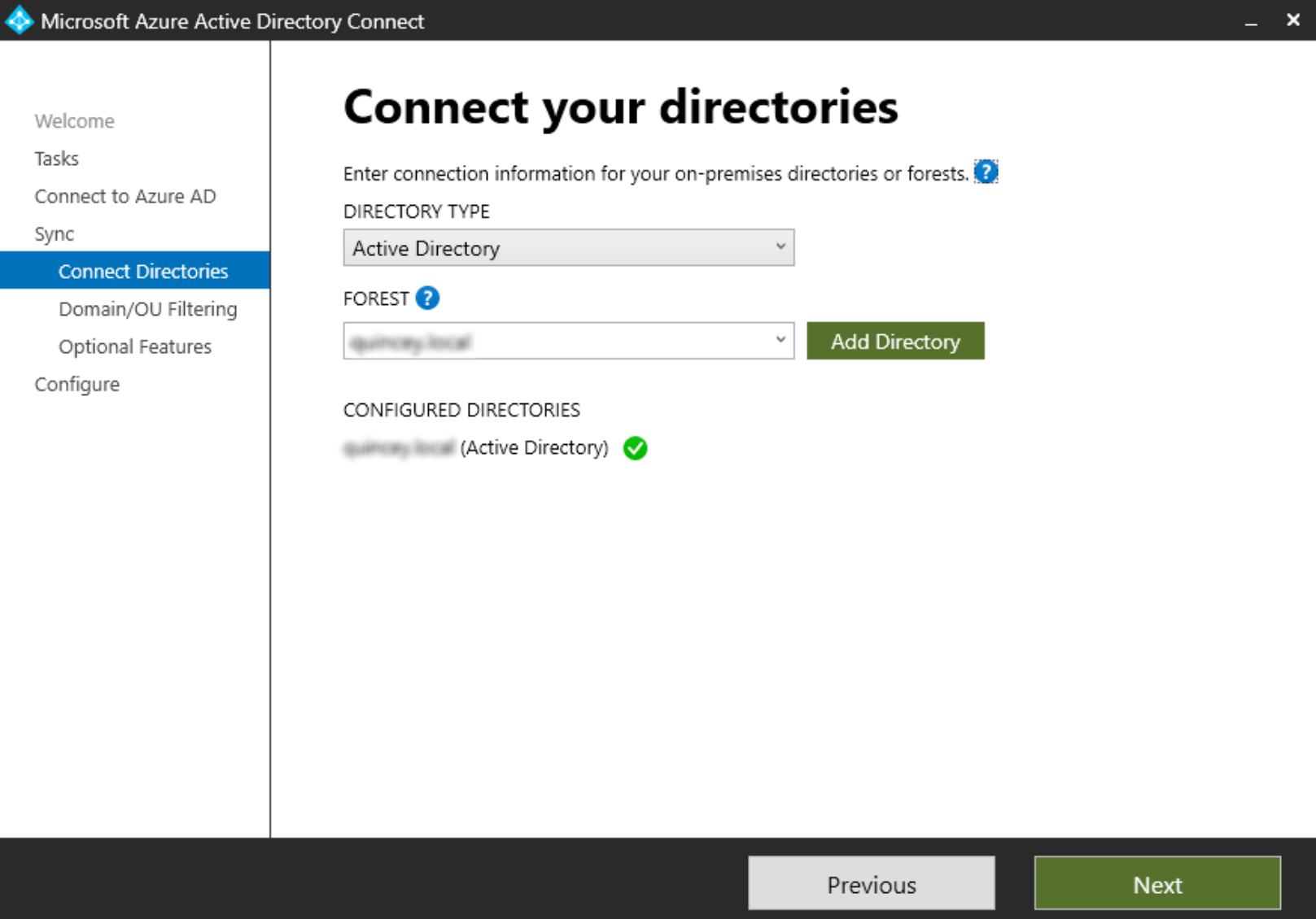 Azure AD Connect wizard showing Active Directory connection details step