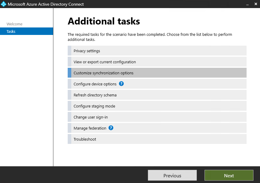 Azure AD Connect wizard showing the Customise synchronization options step