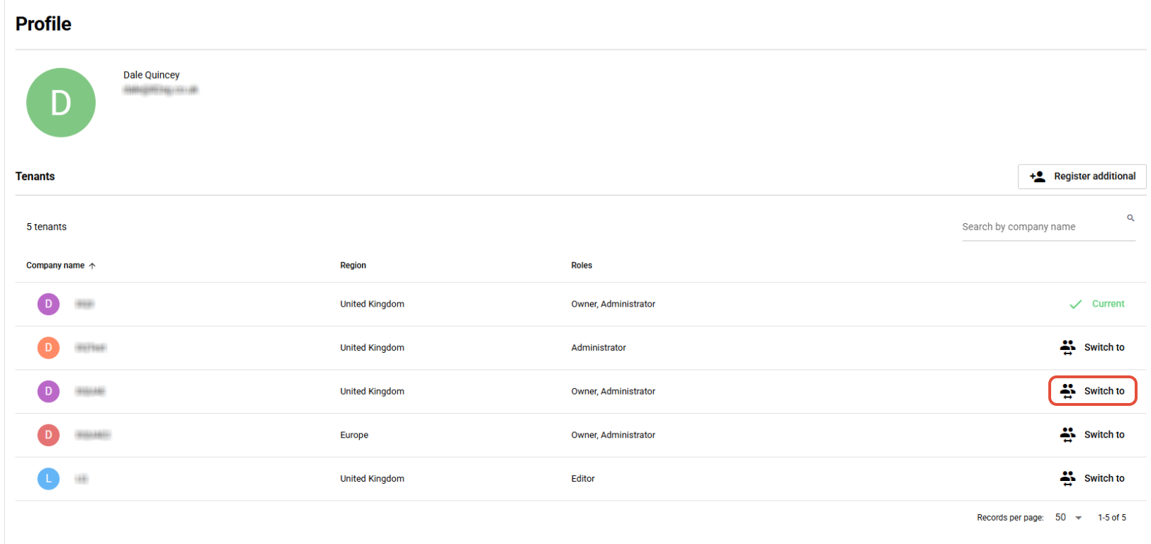 Signature 365 Profile menu showing the Switch to option to change active tenant