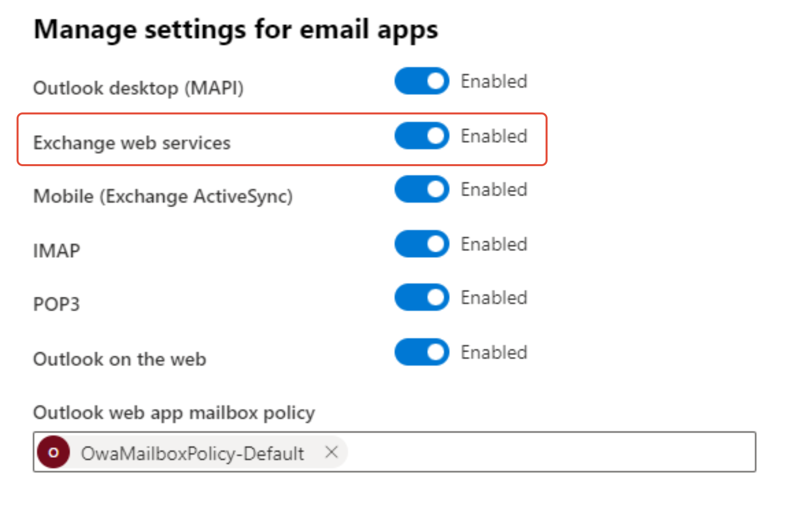 Exchange mailbox email app settings showing Exchange web services option enabled