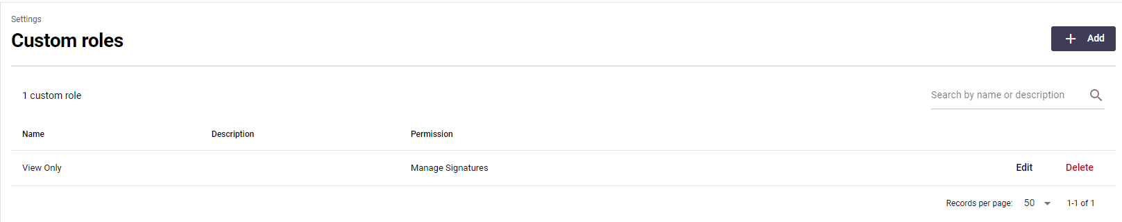 Signature 365 Custom Roles list showing the newly created role