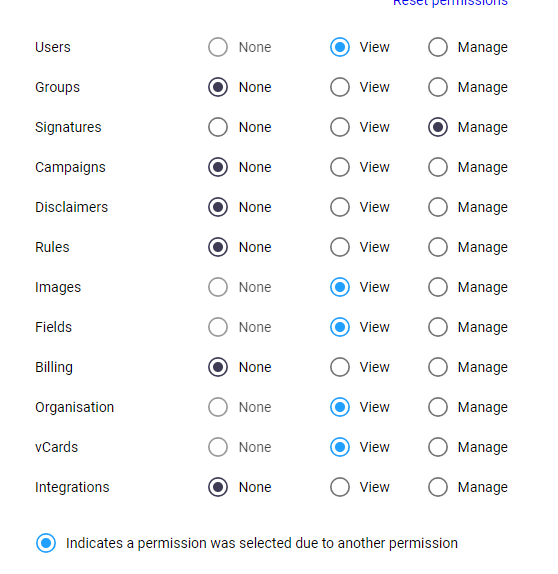 Signature 365 custom role permissions showing Manage Signatures with auto-assigned View permissions highlighted in blue