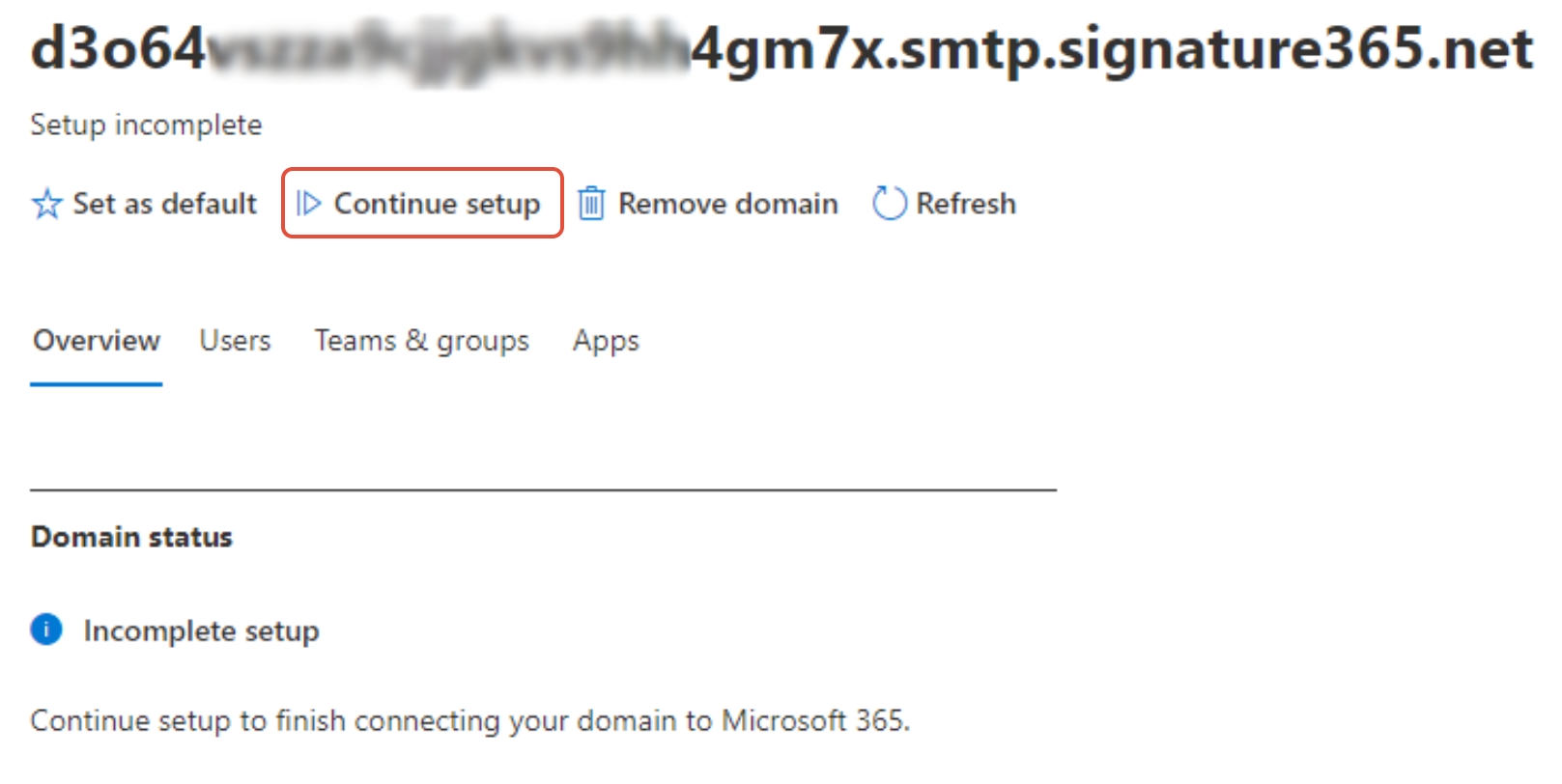 Microsoft 365 domain information page with Continue setup button