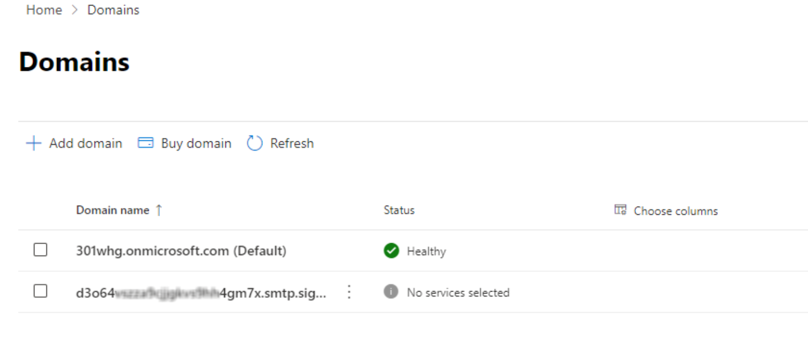 Microsoft 365 Admin Center Domains list showing the Signature 365 domain with No services selected status