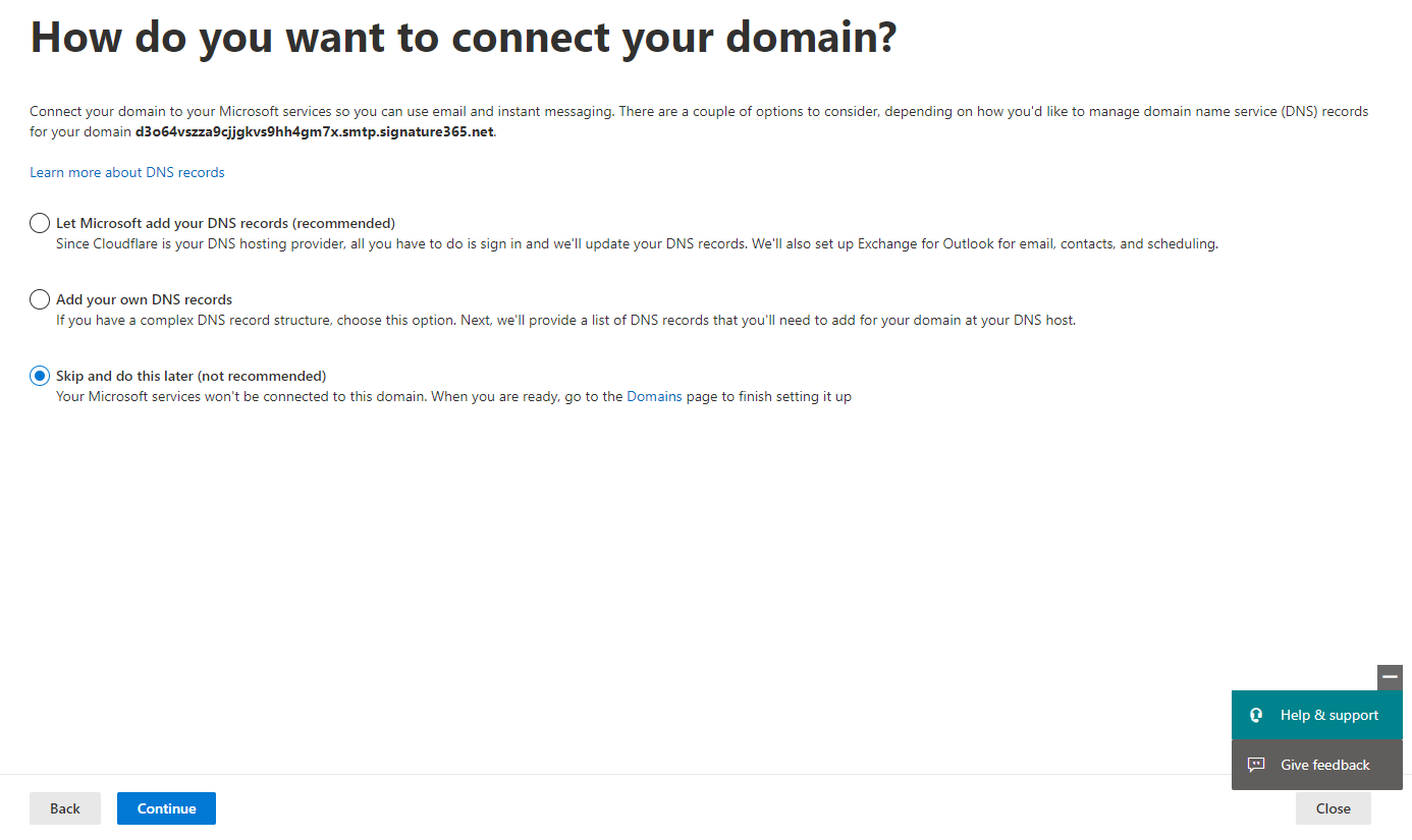 Microsoft 365 domain setup page with Skip and do this later option selected